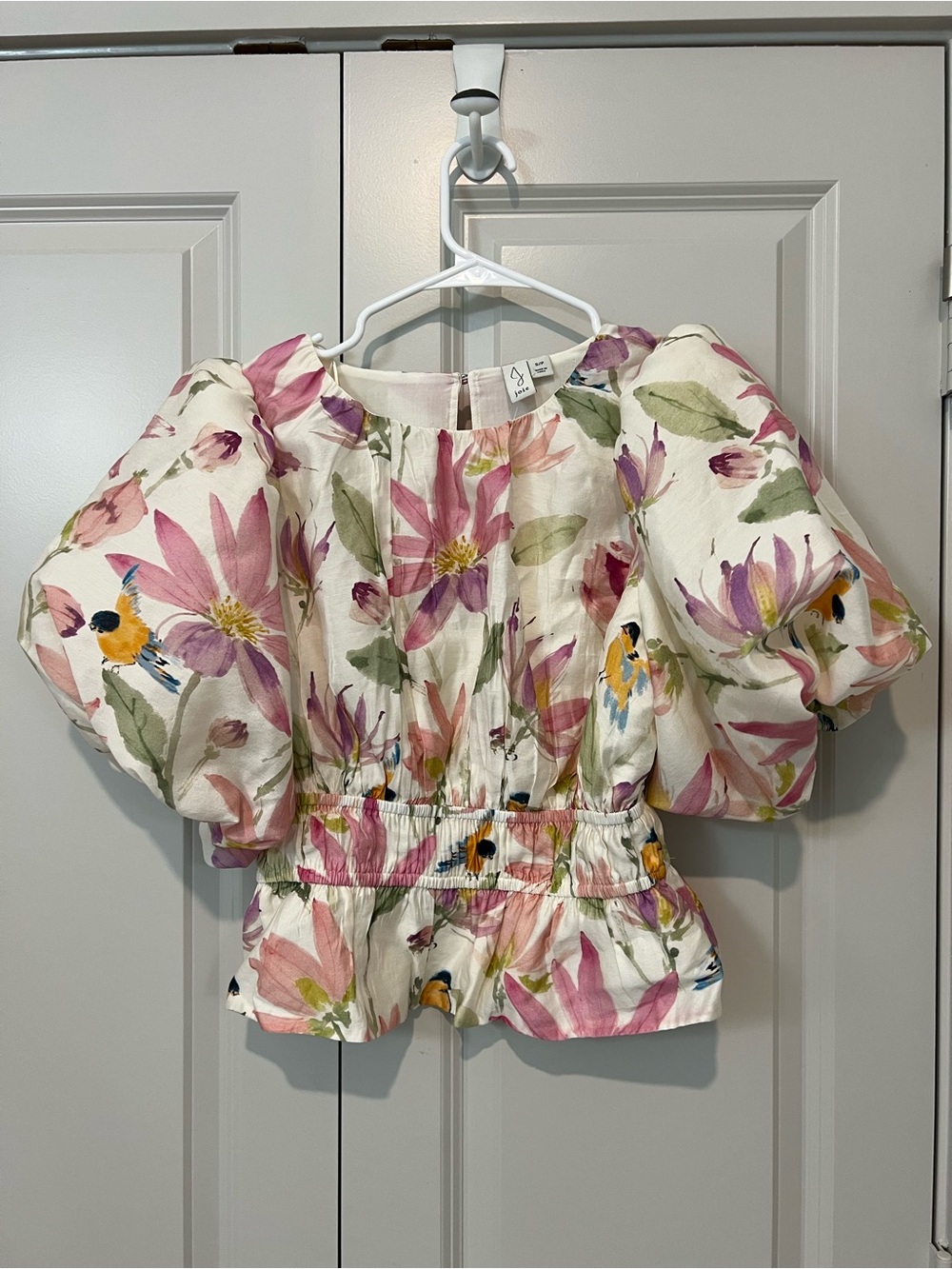 Joie Cream Floral Gathered Neck Blouse with Pink & Green Blooms